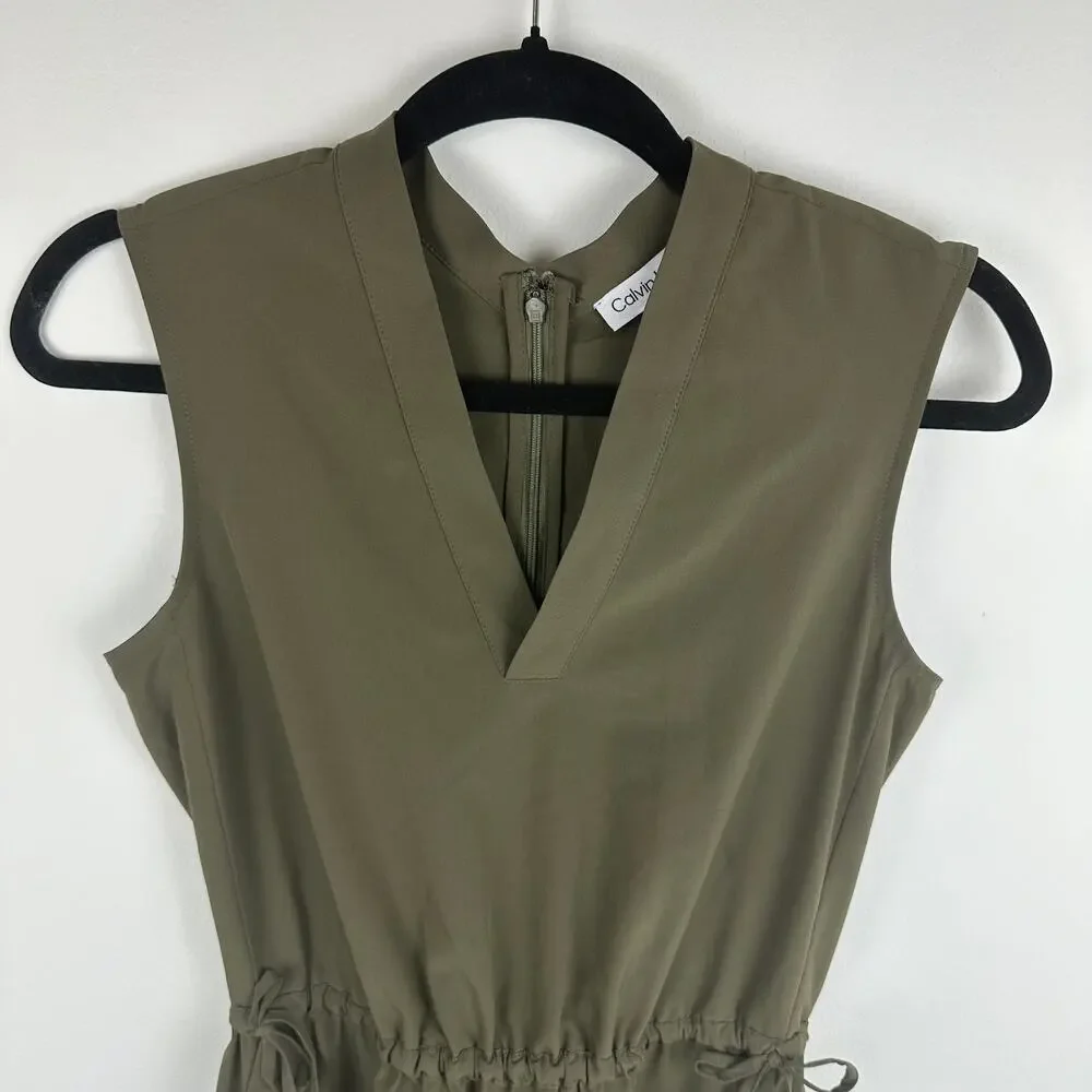 Calvin Klein Womens Sleeveless Cinched Waist Tie V-Neck Casual Green Dress 2